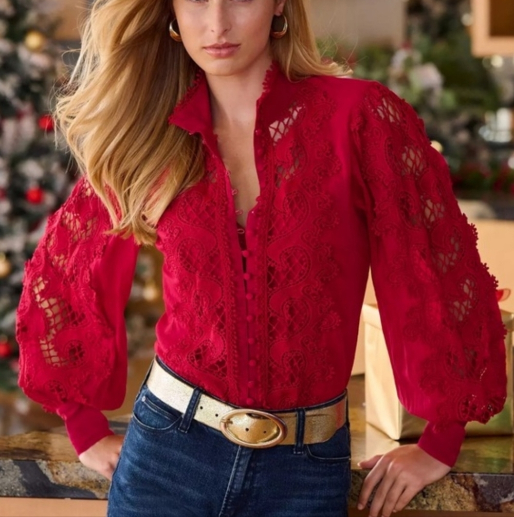 Boston Proper Red Lace Blouse